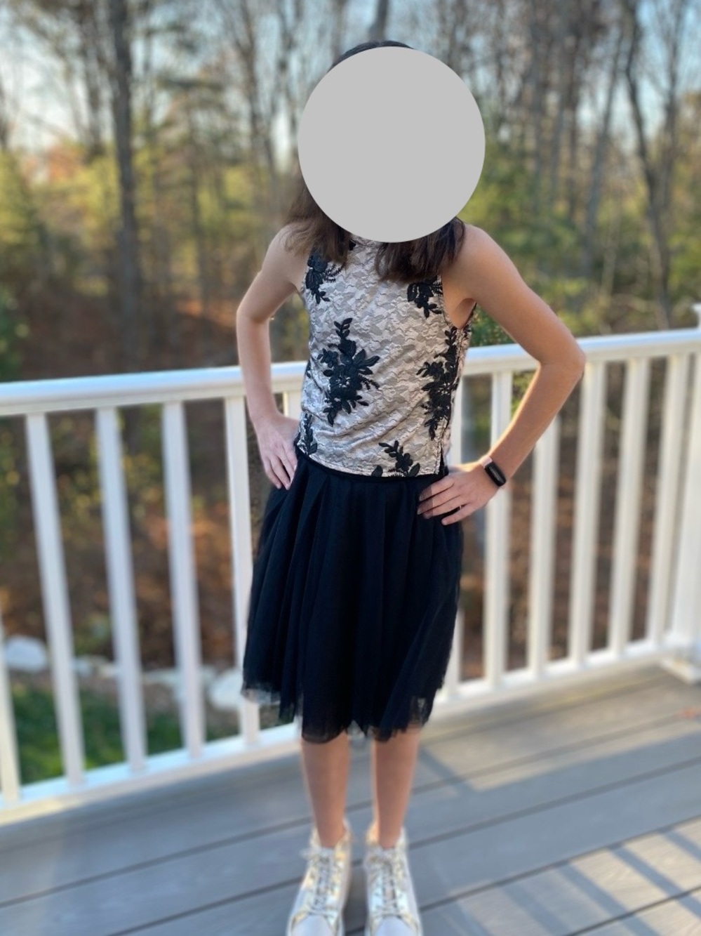 Black and Cream/White Floral Lace A-Line Tulle Dress for Girls
